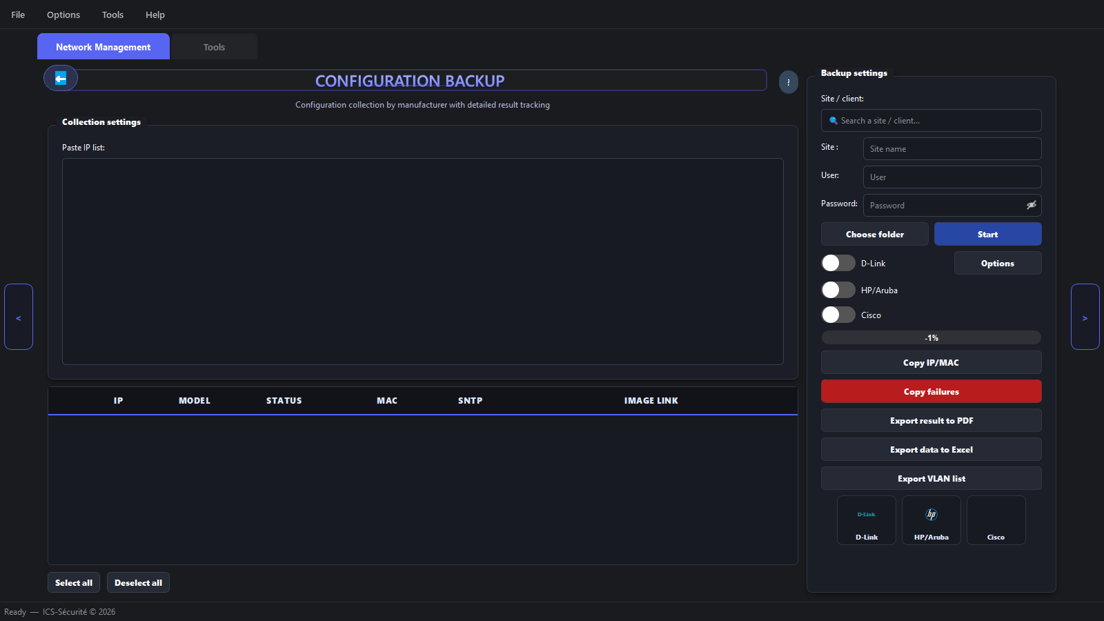 Network configuration backup screen